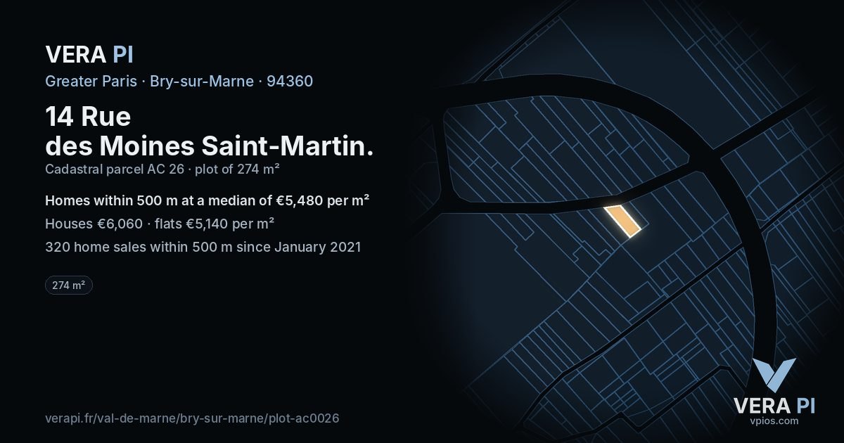 14 Rue des Moines Saint-Martin, Bry-sur-Marne at night – the plot lit, the parcels around coloured by the prices near them