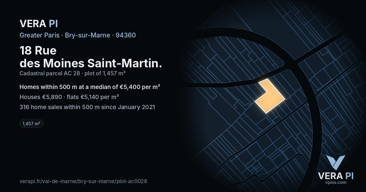 18 Rue des Moines Saint-Martin, Bry-sur-Marne at night – the plot lit, the parcels around coloured by the prices near them