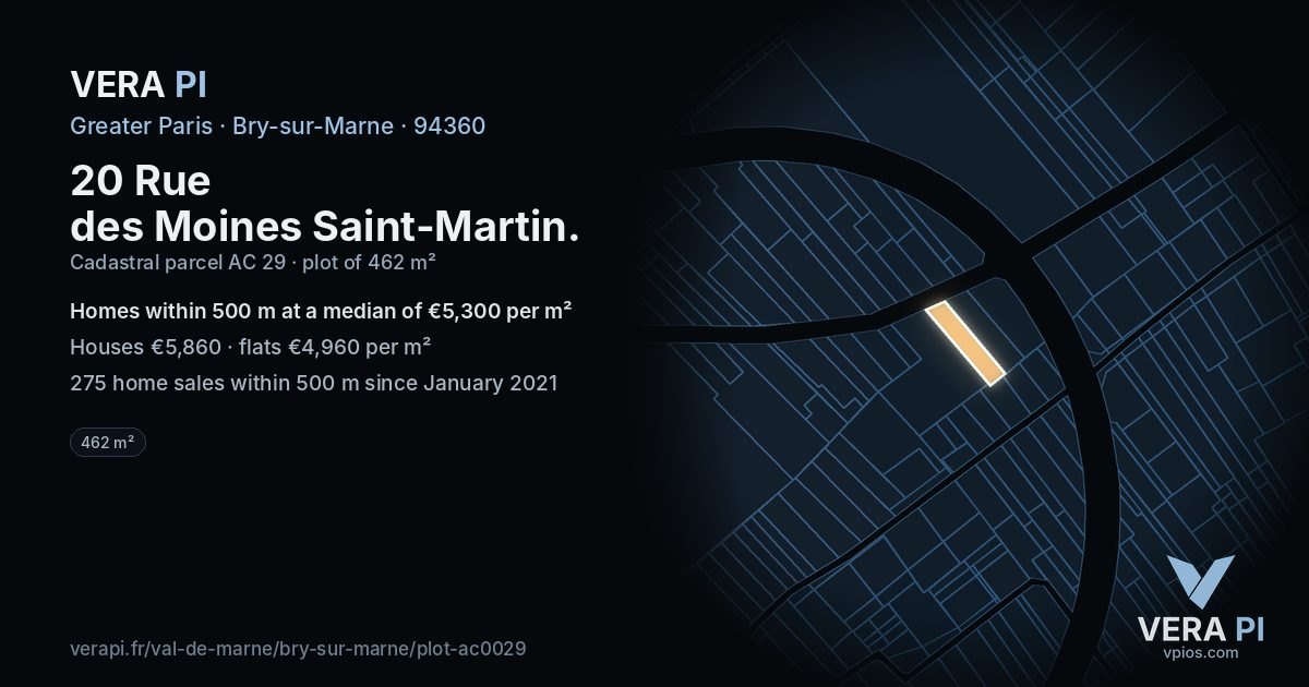 20 Rue des Moines Saint-Martin, Bry-sur-Marne at night – the plot lit, the parcels around coloured by the prices near them