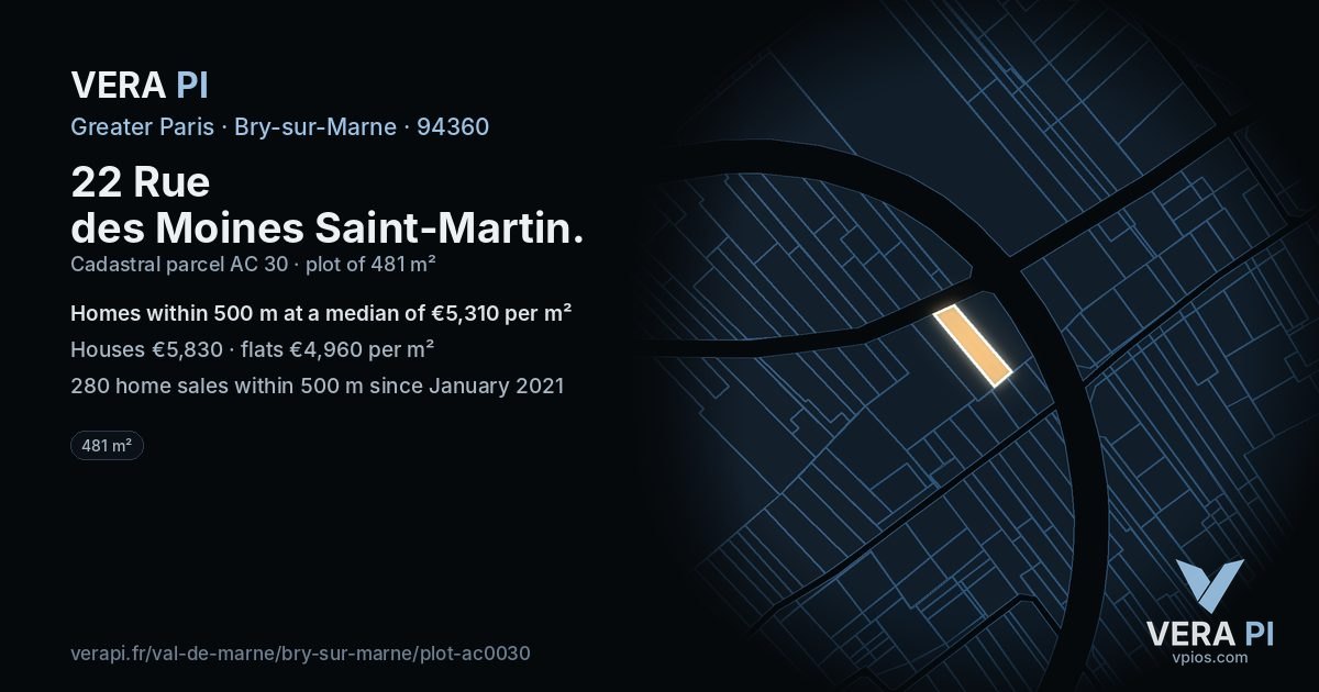 22 Rue des Moines Saint-Martin, Bry-sur-Marne at night – the plot lit, the parcels around coloured by the prices near them