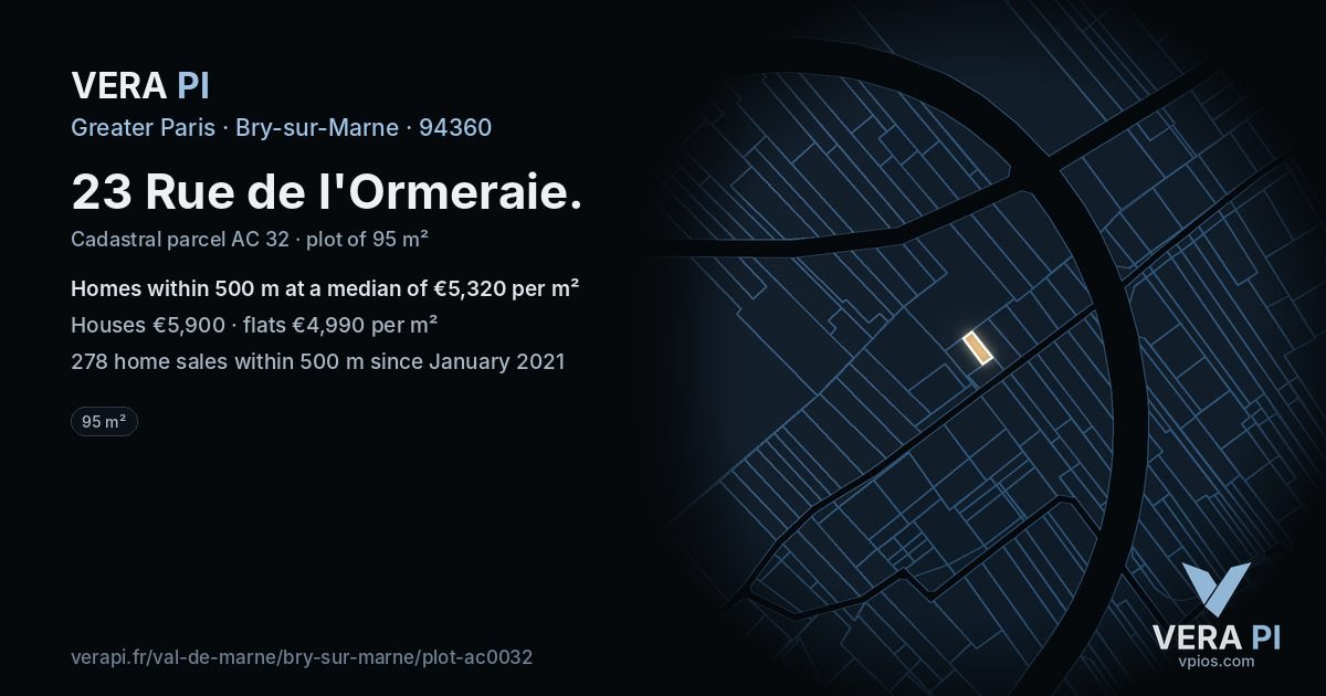 23 Rue de l'Ormeraie, Bry-sur-Marne at night – the plot lit, the parcels around coloured by the prices near them