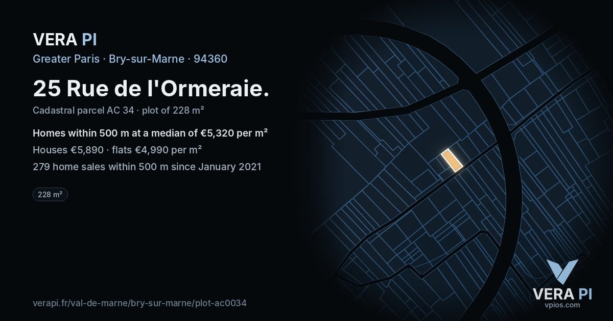 25 Rue de l'Ormeraie, Bry-sur-Marne at night – the plot lit, the parcels around coloured by the prices near them
