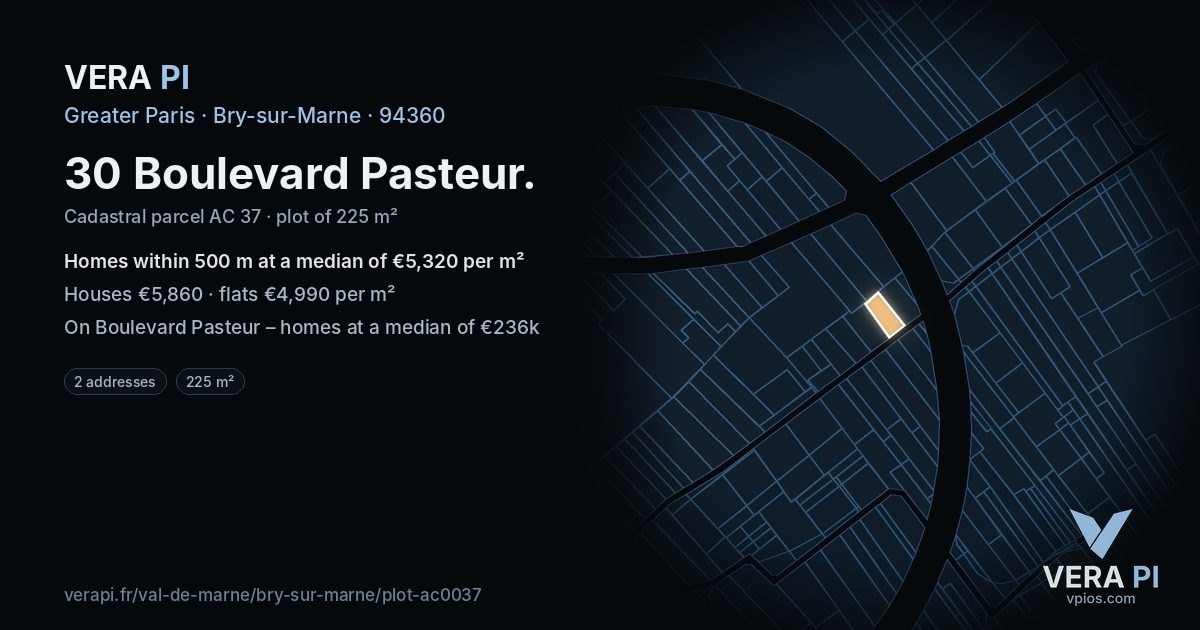 30 Boulevard Pasteur, Bry-sur-Marne at night – the plot lit, the parcels around coloured by the prices near them