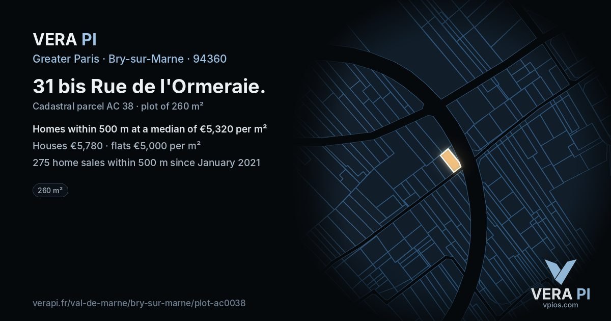 31 bis Rue de l'Ormeraie, Bry-sur-Marne at night – the plot lit, the parcels around coloured by the prices near them