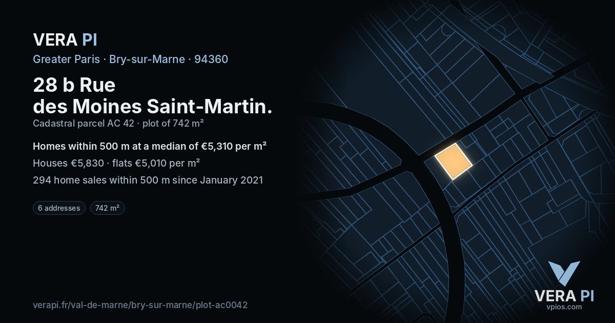28 b Rue des Moines Saint-Martin, Bry-sur-Marne at night – the plot lit, the parcels around coloured by the prices near them