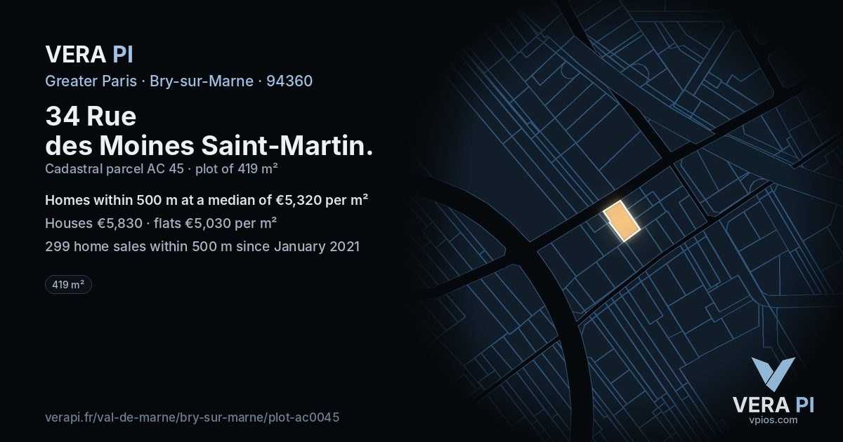 34 Rue des Moines Saint-Martin, Bry-sur-Marne at night – the plot lit, the parcels around coloured by the prices near them