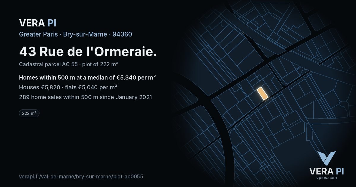 43 Rue de l'Ormeraie, Bry-sur-Marne at night – the plot lit, the parcels around coloured by the prices near them