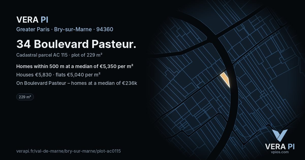 34 Boulevard Pasteur, Bry-sur-Marne at night – the plot lit, the parcels around coloured by the prices near them