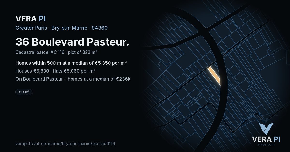 36 Boulevard Pasteur, Bry-sur-Marne at night – the plot lit, the parcels around coloured by the prices near them