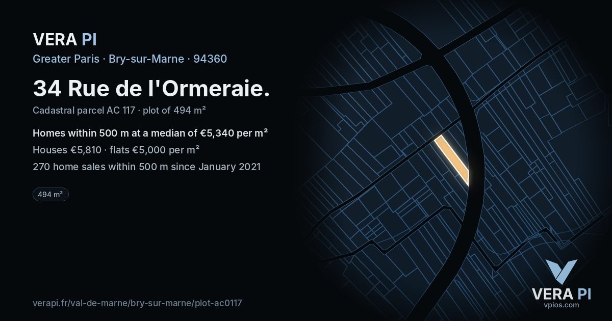 34 Rue de l'Ormeraie, Bry-sur-Marne at night – the plot lit, the parcels around coloured by the prices near them