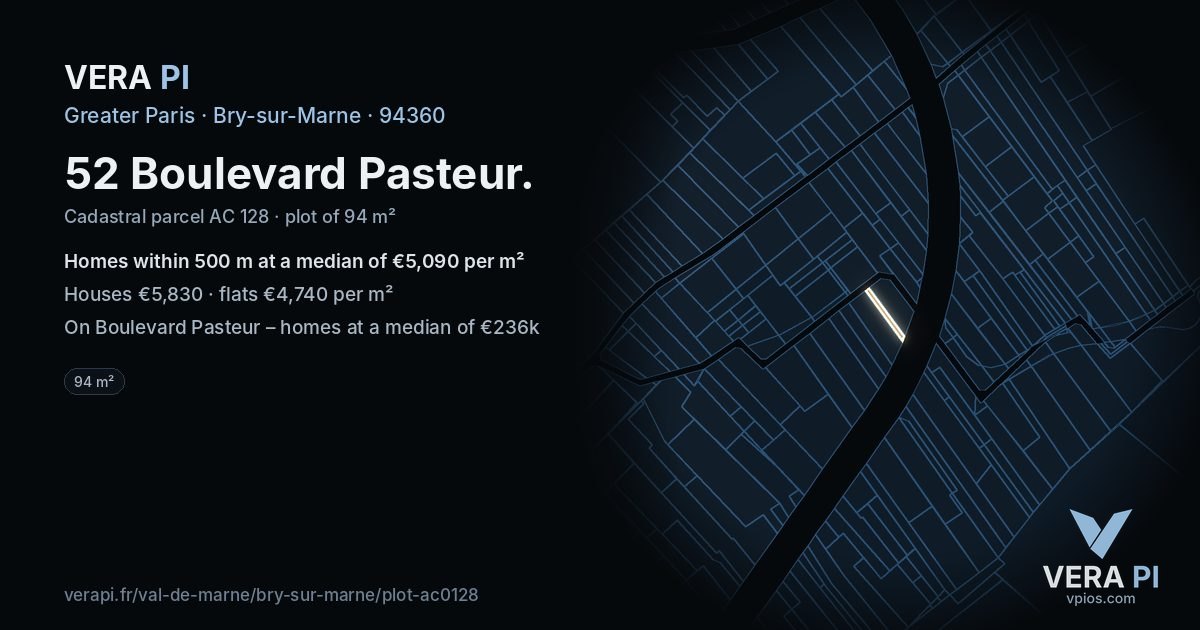52 Boulevard Pasteur, Bry-sur-Marne at night – the plot lit, the parcels around coloured by the prices near them