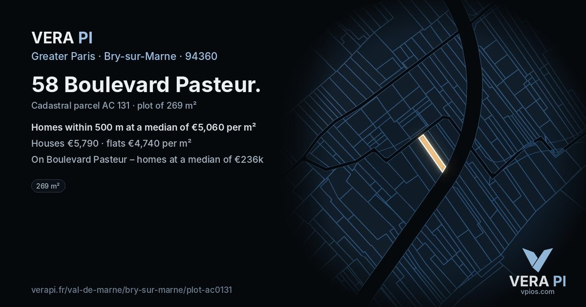 58 Boulevard Pasteur, Bry-sur-Marne at night – the plot lit, the parcels around coloured by the prices near them