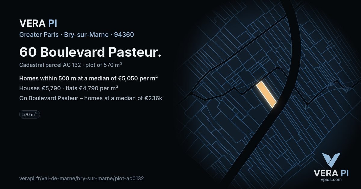 60 Boulevard Pasteur, Bry-sur-Marne at night – the plot lit, the parcels around coloured by the prices near them