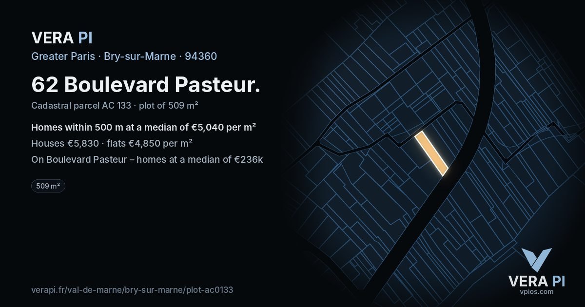 62 Boulevard Pasteur, Bry-sur-Marne at night – the plot lit, the parcels around coloured by the prices near them