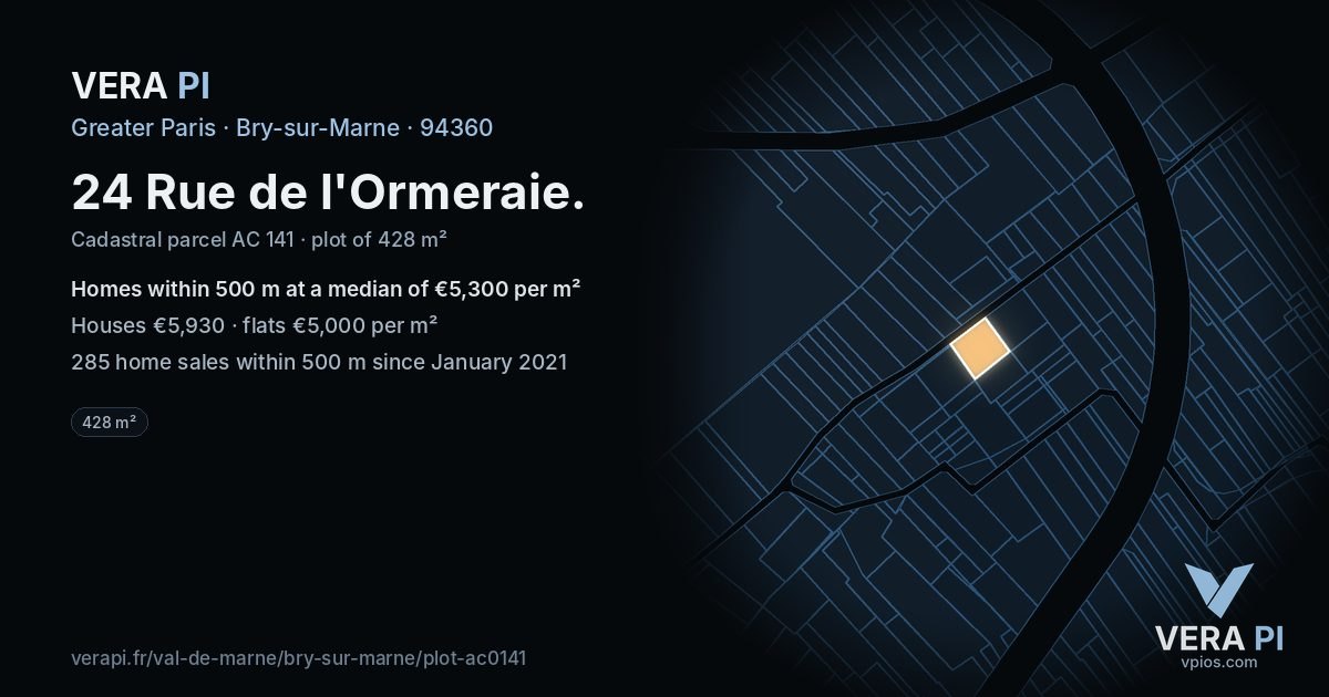 24 Rue de l'Ormeraie, Bry-sur-Marne at night – the plot lit, the parcels around coloured by the prices near them