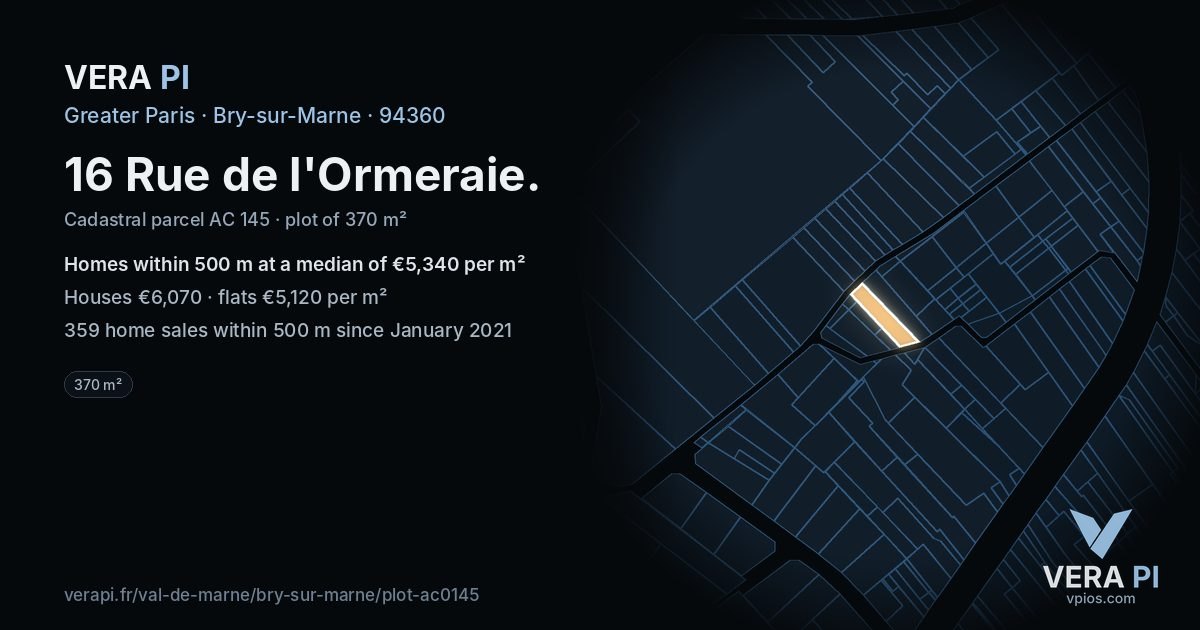 16 Rue de l'Ormeraie, Bry-sur-Marne at night – the plot lit, the parcels around coloured by the prices near them