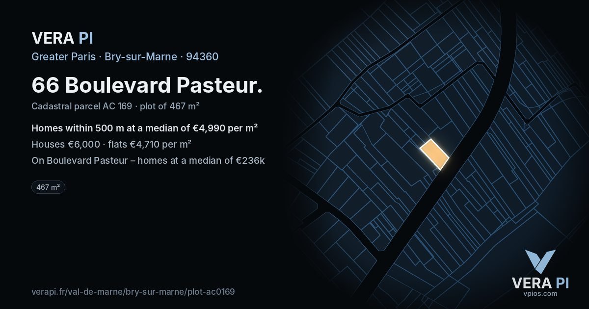 66 Boulevard Pasteur, Bry-sur-Marne at night – the plot lit, the parcels around coloured by the prices near them