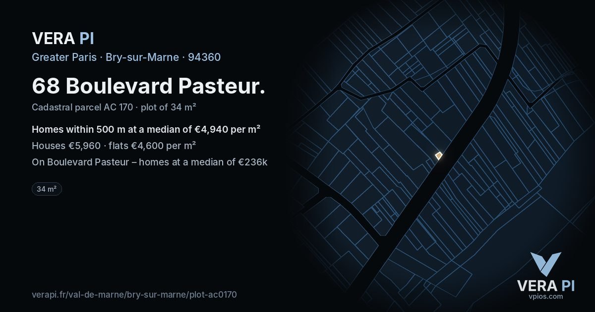 68 Boulevard Pasteur, Bry-sur-Marne at night – the plot lit, the parcels around coloured by the prices near them