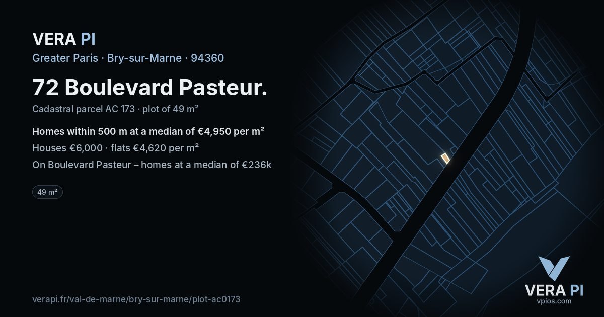 72 Boulevard Pasteur, Bry-sur-Marne at night – the plot lit, the parcels around coloured by the prices near them