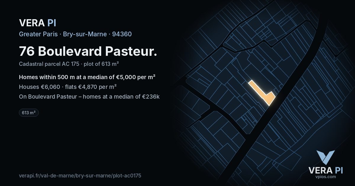 76 Boulevard Pasteur, Bry-sur-Marne at night – the plot lit, the parcels around coloured by the prices near them