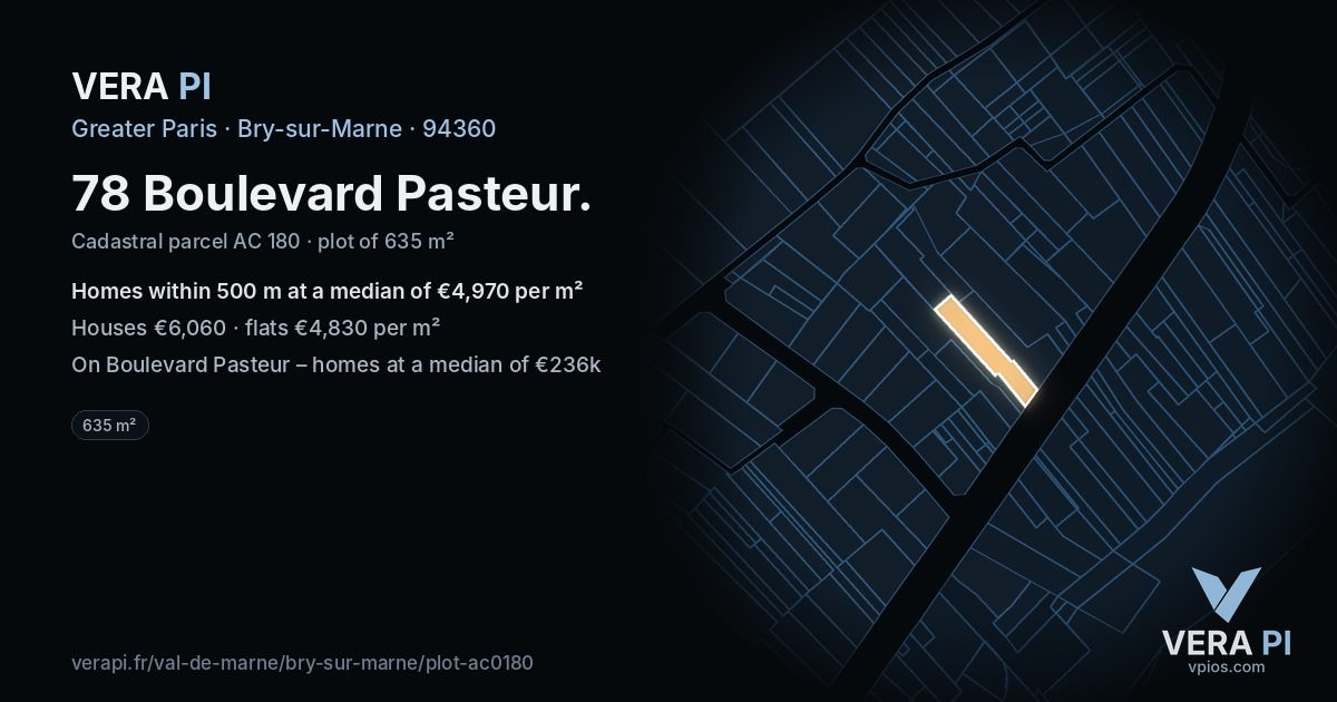 78 Boulevard Pasteur, Bry-sur-Marne at night – the plot lit, the parcels around coloured by the prices near them