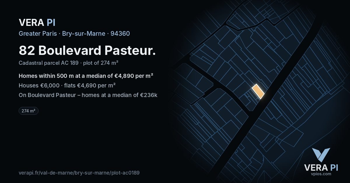 82 Boulevard Pasteur, Bry-sur-Marne at night – the plot lit, the parcels around coloured by the prices near them
