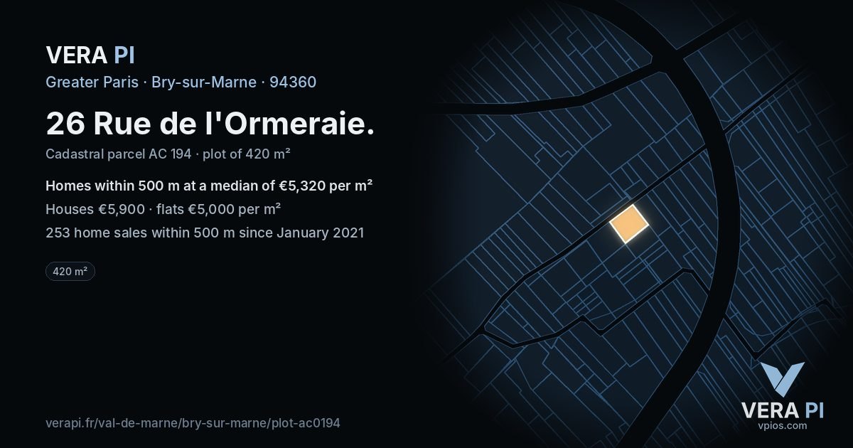 26 Rue de l'Ormeraie, Bry-sur-Marne at night – the plot lit, the parcels around coloured by the prices near them