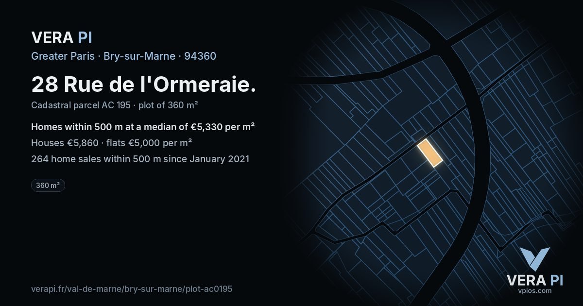 28 Rue de l'Ormeraie, Bry-sur-Marne at night – the plot lit, the parcels around coloured by the prices near them
