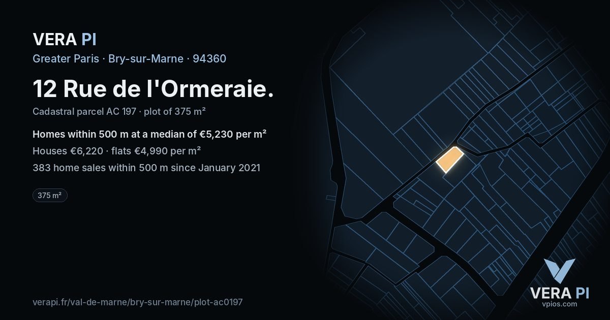 12 Rue de l'Ormeraie, Bry-sur-Marne at night – the plot lit, the parcels around coloured by the prices near them