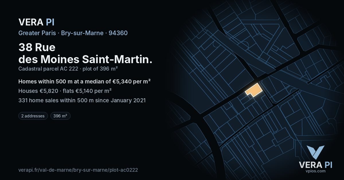 38 Rue des Moines Saint-Martin, Bry-sur-Marne at night – the plot lit, the parcels around coloured by the prices near them