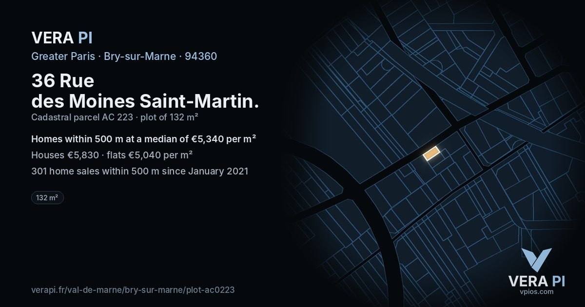 36 Rue des Moines Saint-Martin, Bry-sur-Marne at night – the plot lit, the parcels around coloured by the prices near them