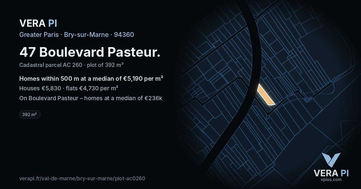 47 Boulevard Pasteur, Bry-sur-Marne at night – the plot lit, the parcels around coloured by the prices near them