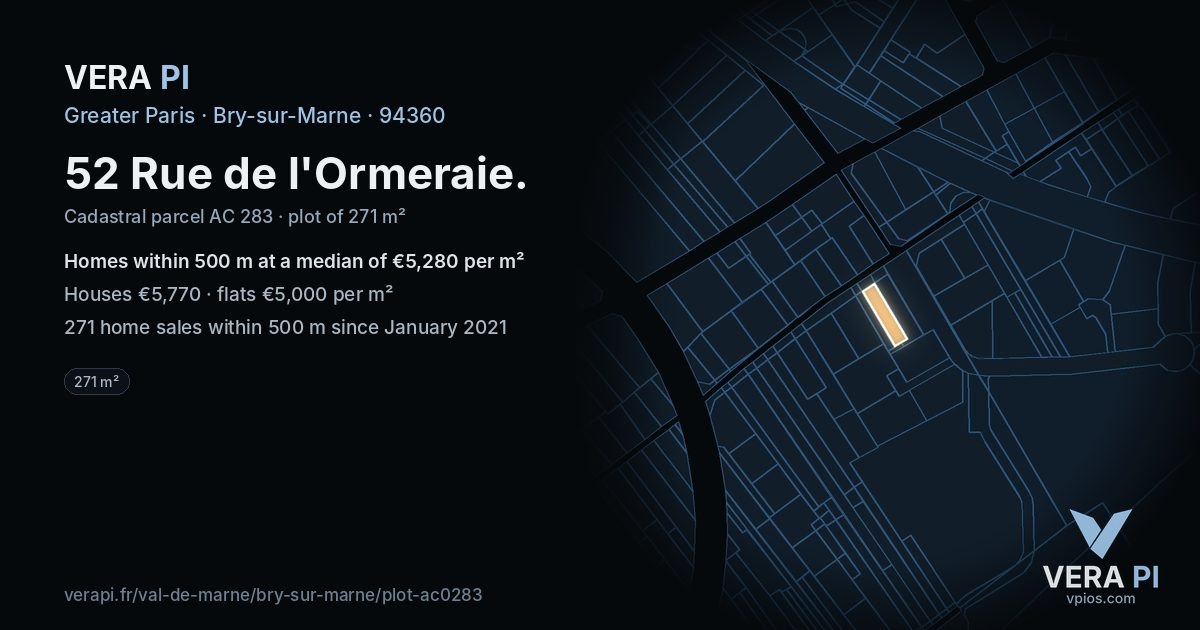 52 Rue de l'Ormeraie, Bry-sur-Marne at night – the plot lit, the parcels around coloured by the prices near them