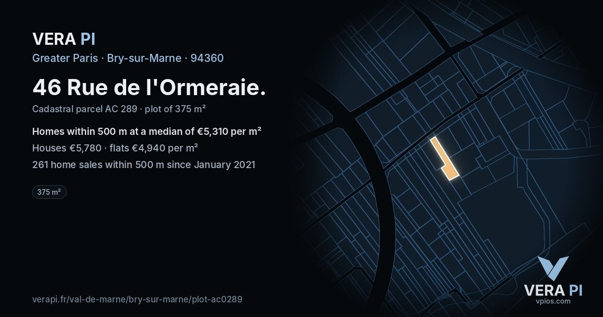 46 Rue de l'Ormeraie, Bry-sur-Marne at night – the plot lit, the parcels around coloured by the prices near them