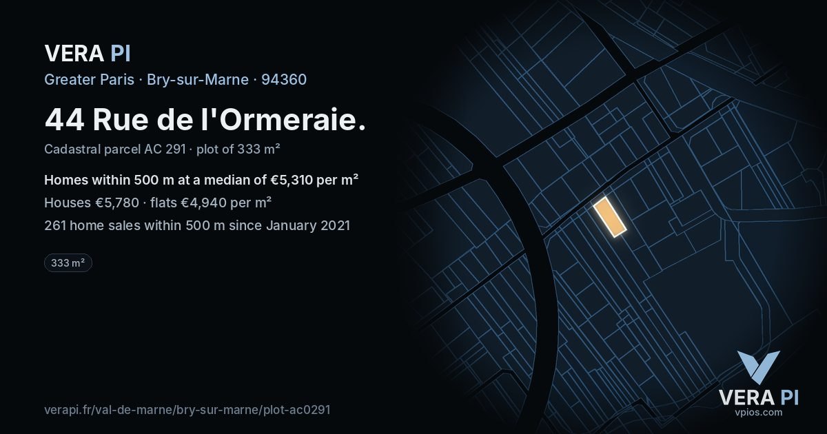 44 Rue de l'Ormeraie, Bry-sur-Marne at night – the plot lit, the parcels around coloured by the prices near them
