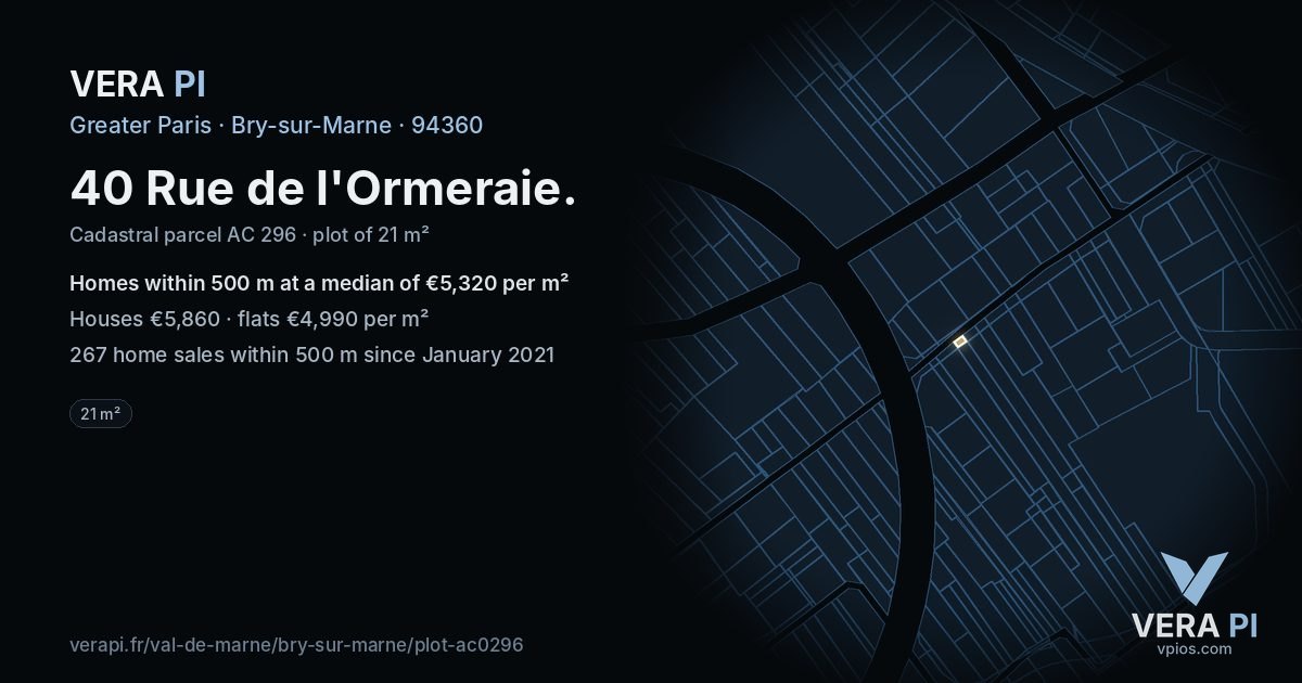 40 Rue de l'Ormeraie, Bry-sur-Marne at night – the plot lit, the parcels around coloured by the prices near them