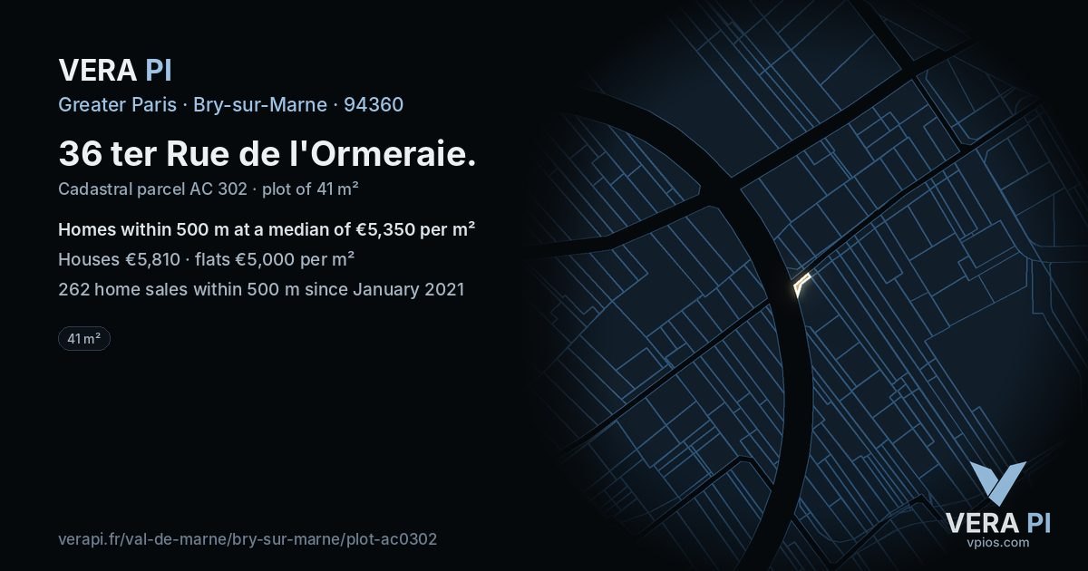 36 ter Rue de l'Ormeraie, Bry-sur-Marne at night – the plot lit, the parcels around coloured by the prices near them