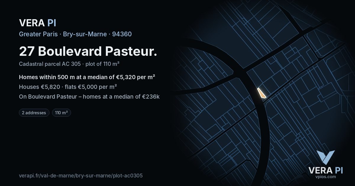 27 Boulevard Pasteur, Bry-sur-Marne at night – the plot lit, the parcels around coloured by the prices near them