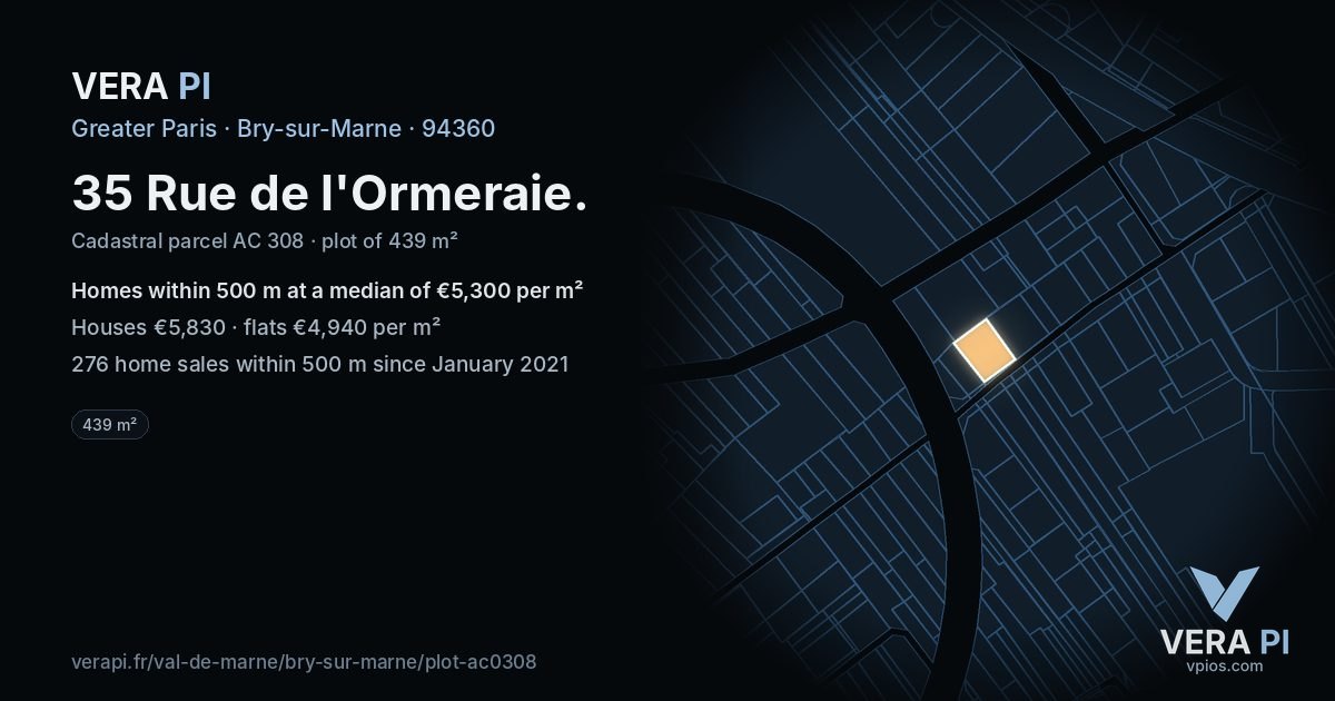 35 Rue de l'Ormeraie, Bry-sur-Marne at night – the plot lit, the parcels around coloured by the prices near them