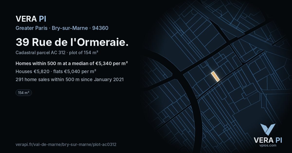 39 Rue de l'Ormeraie, Bry-sur-Marne at night – the plot lit, the parcels around coloured by the prices near them