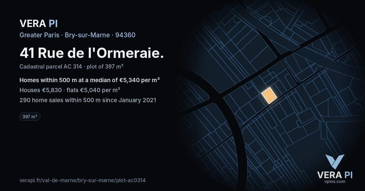 41 Rue de l'Ormeraie, Bry-sur-Marne at night – the plot lit, the parcels around coloured by the prices near them