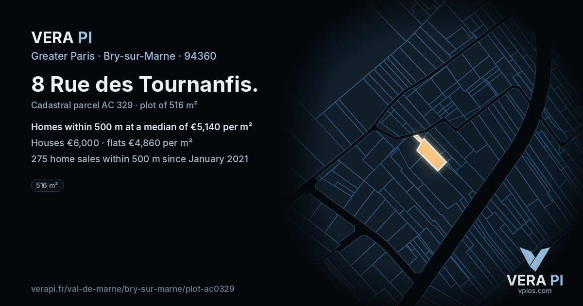 8 Rue des Tournanfis, Bry-sur-Marne at night – the plot lit, the parcels around coloured by the prices near them