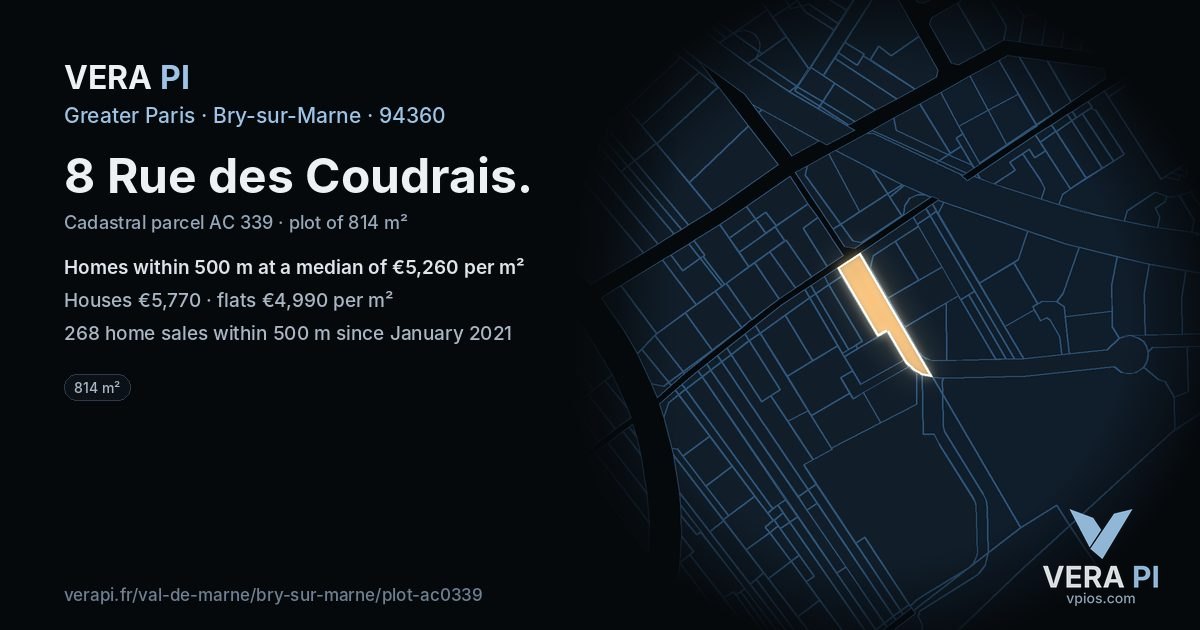 8 Rue des Coudrais, Bry-sur-Marne at night – the plot lit, the parcels around coloured by the prices near them