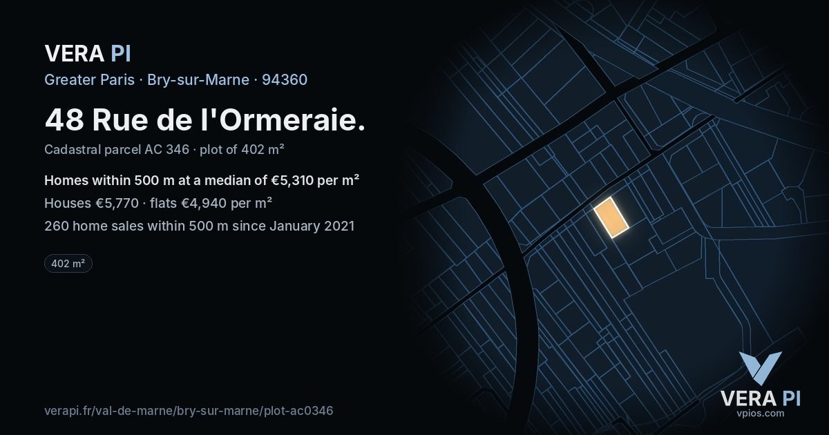 48 Rue de l'Ormeraie, Bry-sur-Marne at night – the plot lit, the parcels around coloured by the prices near them