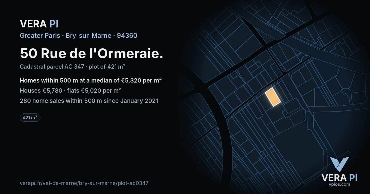 50 Rue de l'Ormeraie, Bry-sur-Marne at night – the plot lit, the parcels around coloured by the prices near them