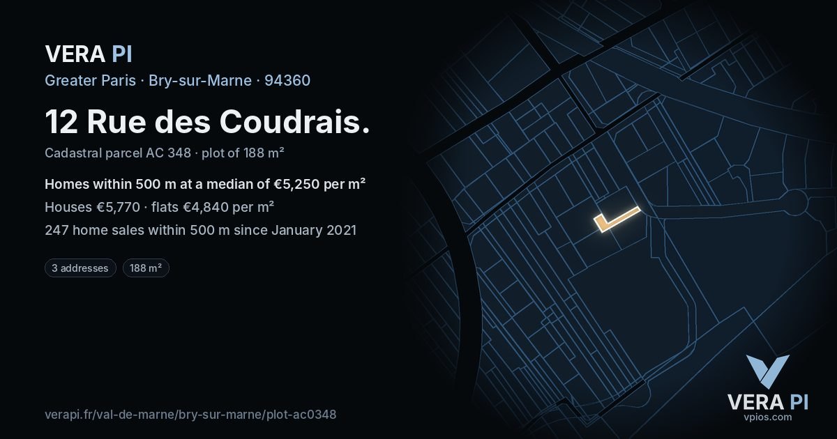 12 Rue des Coudrais, Bry-sur-Marne at night – the plot lit, the parcels around coloured by the prices near them