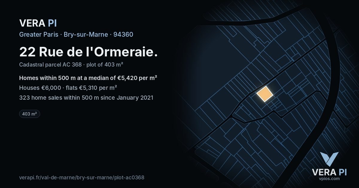 22 Rue de l'Ormeraie, Bry-sur-Marne at night – the plot lit, the parcels around coloured by the prices near them