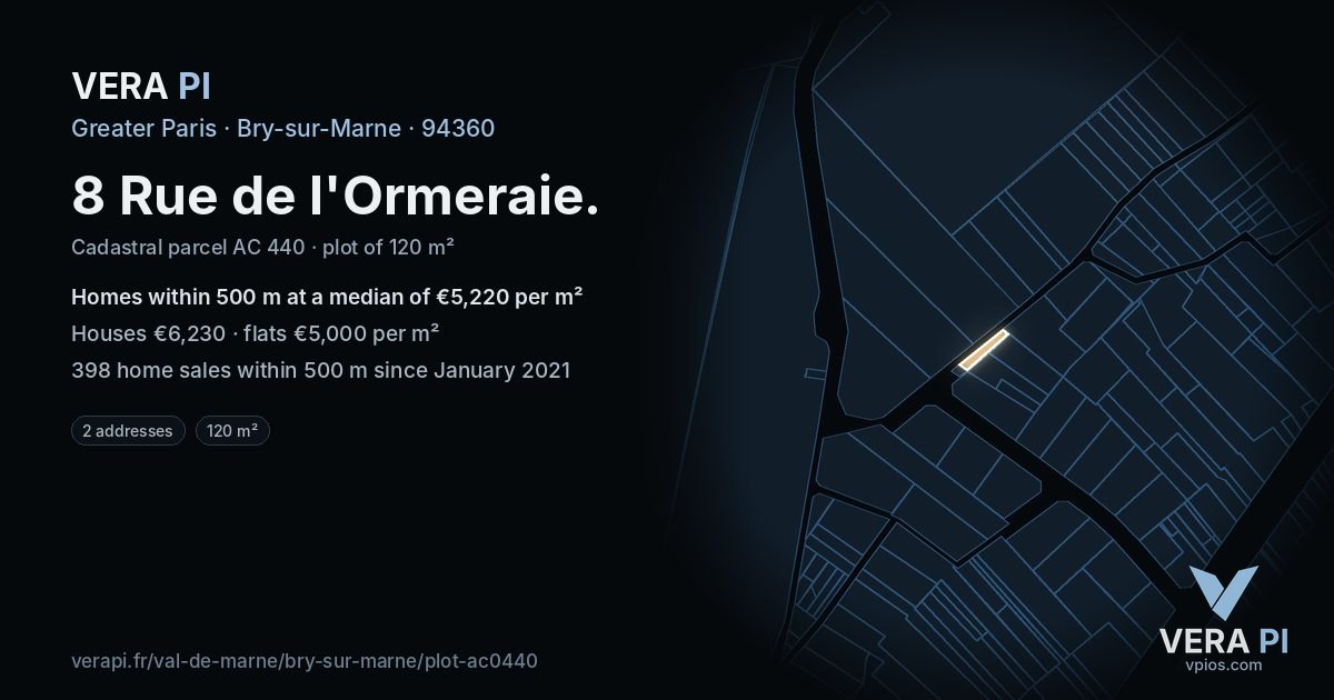 8 Rue de l'Ormeraie, Bry-sur-Marne at night – the plot lit, the parcels around coloured by the prices near them