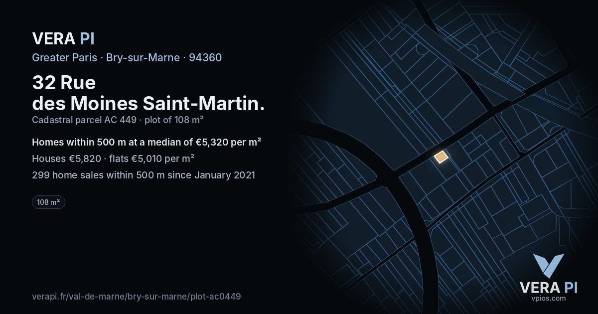 32 Rue des Moines Saint-Martin, Bry-sur-Marne at night – the plot lit, the parcels around coloured by the prices near them