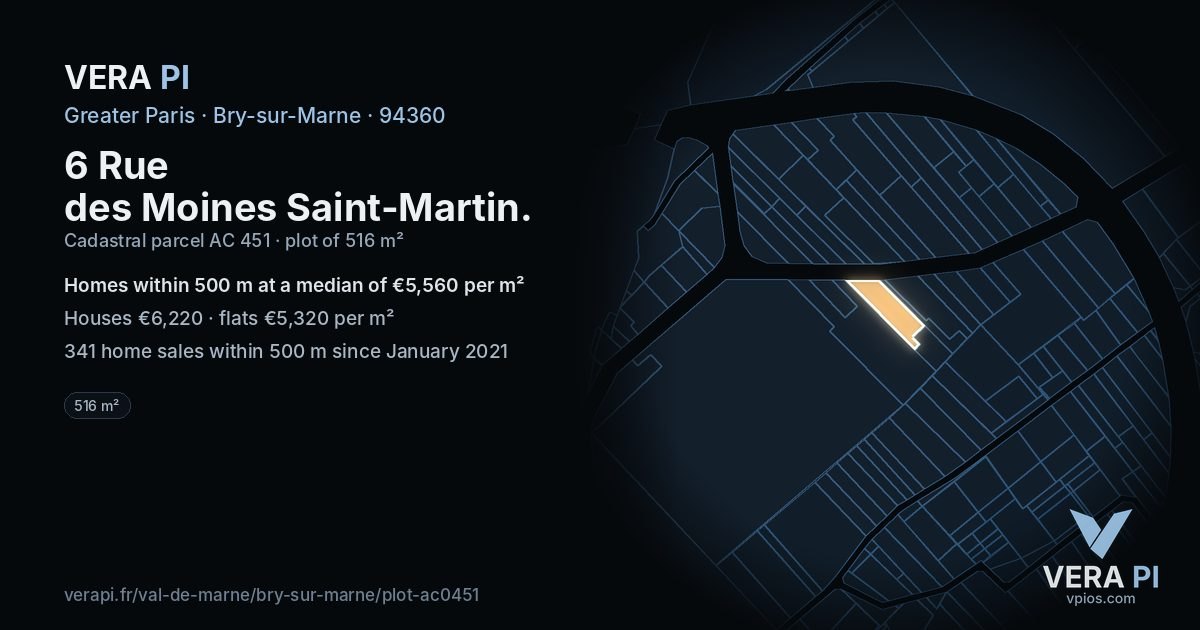 6 Rue des Moines Saint-Martin, Bry-sur-Marne at night – the plot lit, the parcels around coloured by the prices near them